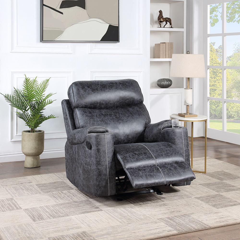 Hirah - Motion Glider Recliner - Dark Gray Polish Microfiber, alternate view 8 with wood construction