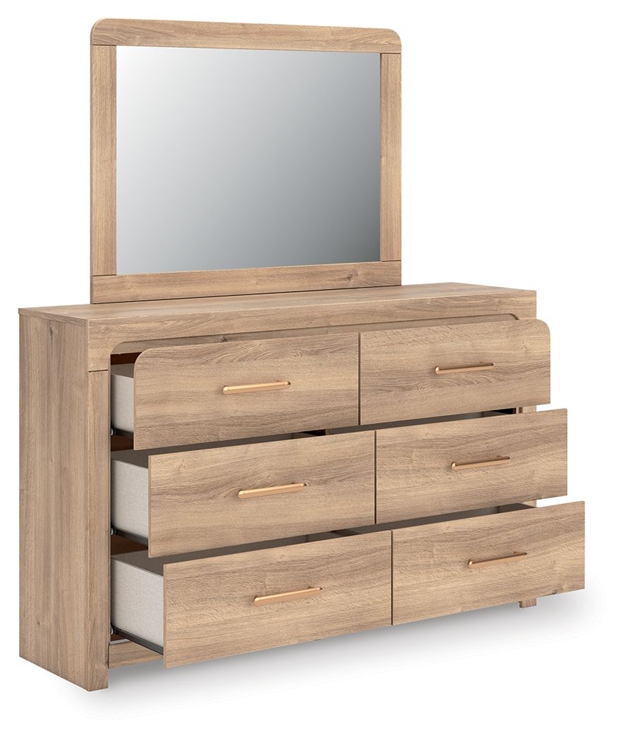 Kinlanni - 3 Pc. - Queen Upholstered Panel Bed With Roll Slats, Dresser And Mirror - Tan - Signature Design by Ashley® - 6