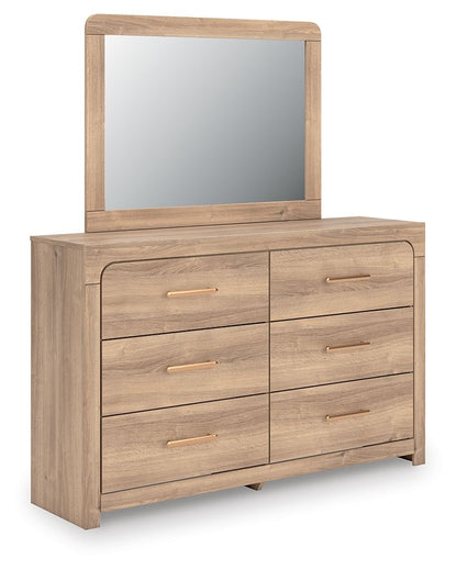 Kinlanni - 3 Pc. - Queen Upholstered Panel Bed With Roll Slats, Dresser And Mirror - Tan - Signature Design by Ashley® - 2