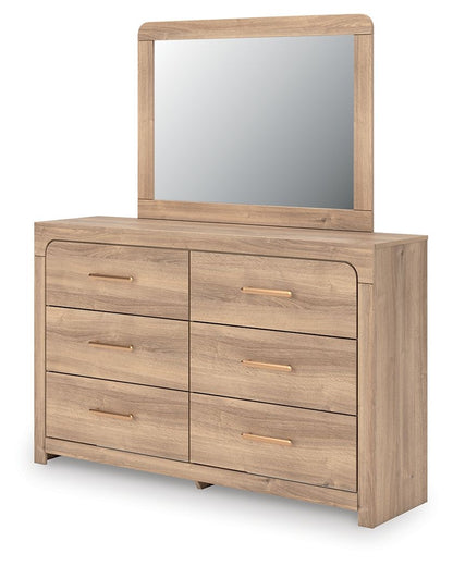 Kinlanni - 3 Pc. - Queen Upholstered Panel Bed With Roll Slats, Dresser And Mirror - Tan - Signature Design by Ashley® - 8