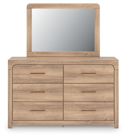Kinlanni - 3 Pc. - Queen Upholstered Panel Bed With Roll Slats, Dresser And Mirror - Tan - Signature Design by Ashley® - 5