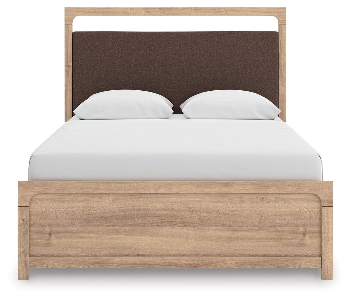 Kinlanni - 3 Pc. - Queen Upholstered Panel Bed With Roll Slats, Dresser And Mirror - Tan - Signature Design by Ashley® - 9