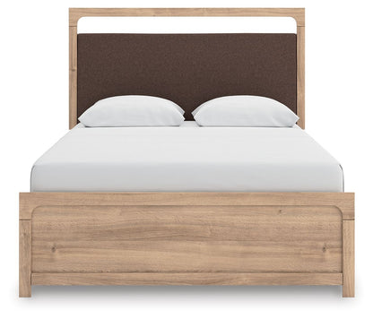 Kinlanni - 3 Pc. - Queen Upholstered Panel Bed With Roll Slats, Dresser And Mirror - Tan - Signature Design by Ashley® - 9